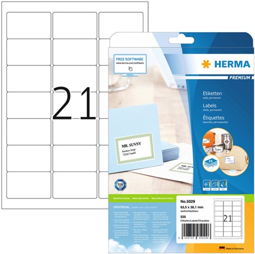 Etiquette HERMA 5029 Premium A4 63,5x38,1mm 525 pièces blanc