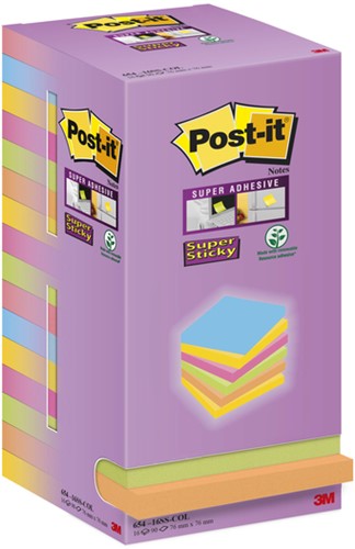 Bloc-mémos Post-it 654 Super Sticky 76x76mm Color 16 pièces