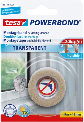 Ruban de montage tesa® Powerbond double face 1,5mx19mm transparent