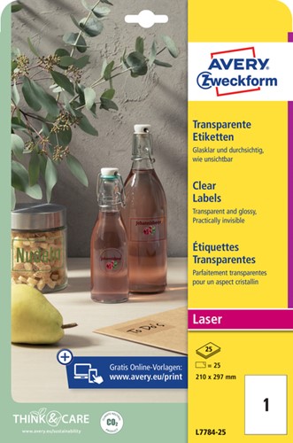 Etiquette Avery Zweckform L7784-25 210x297mm transparent 25 pièces