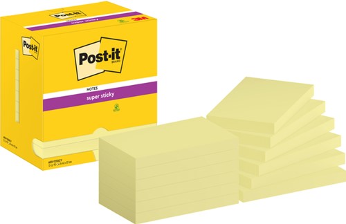 Bloc-mémos Post-it 655 Super Sticky 76x127mm jaune canari 12 pièces