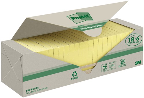 Memoblok 3M Post-it 654 76x76mm recycle geel 18 + 6 gratis