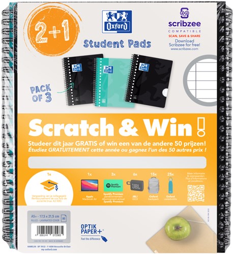 Bloc collège Oxford School A5+ ligné 17 perf 160 pages 80g Scratch&Win assorti 3 pièces