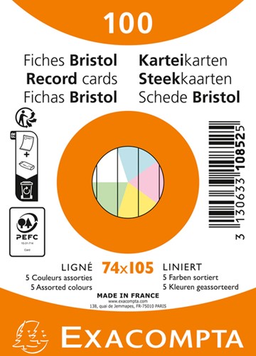 Fiche Flascard Exacompta 74x105mm ligné 5 couleurs 100 pièces