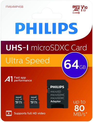 Carte mémoire Philips Micro SDXC Classe 10 UHS-I U1 64Go 2 pièces