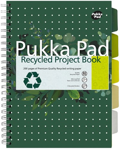 Carnet de projets Pukka Pad Recycled A4 ligné 5 intercalaires 4 perf 200 pages 80g vert