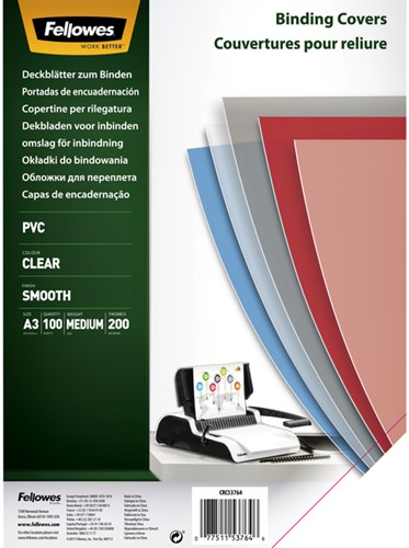 Couverture Fellowes A3 PVC 200 micron transparent 100 pièces