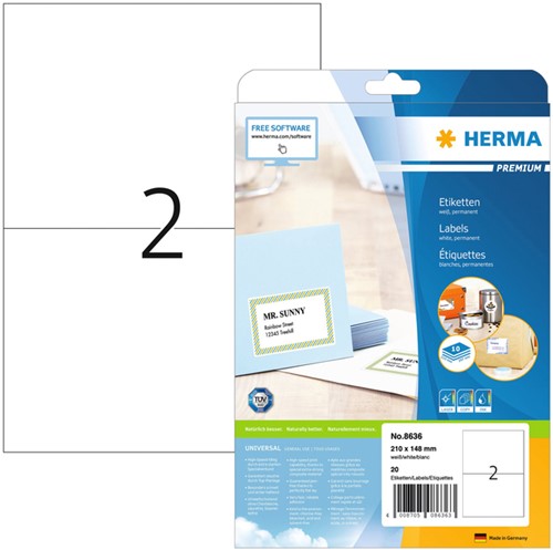 Etiquette HERMA Premium 8636 210x148mm A4 blanc 20 pièces