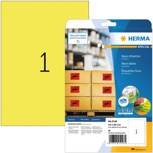 Etiquette HERMA 5148 210x297mm A4 jaune néon 20 pièces