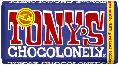 Chocolade Tony's Chocolonely donker melk pretzel toffee reep 180gr