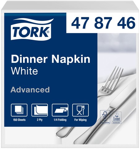 Serviette Tork Dinner 478746 2 épaisseurs pli 1/4 blanc 150 pièces