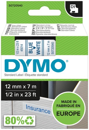 Ruban Dymo LabelManager D1 polyester 12mmx7m bleu sur blanc