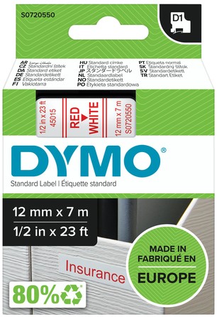 Ruban Dymo LabelManager D1 polyester 12mmx7m rouge sur blanc