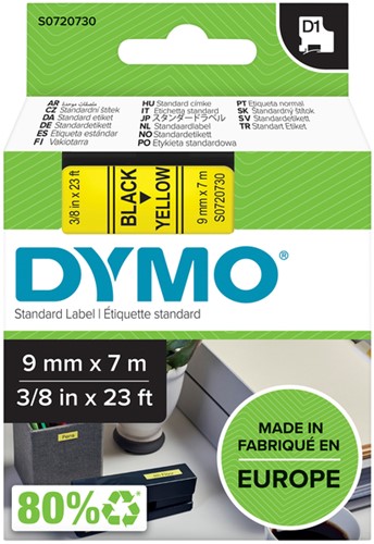 Labeltape Dymo LabelManager D1 polyester 9mm zwart op geel