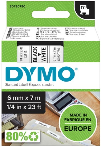 Labeltape Dymo LabelManager D1 polyester 6mm zwart op wit