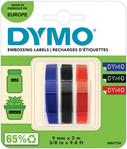 Reliëftape Dymo embossing vinyl 9mm assorti 3 stuks