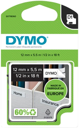 Ruban Dymo LabelManager D1 polyester 12mmx5,5m noir sur blanc