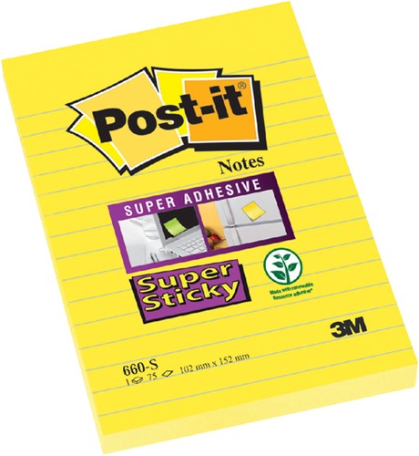 Bloc-mémos Post-it 660 Super Sticky 102x152mm jaune ligné 75 feuilles