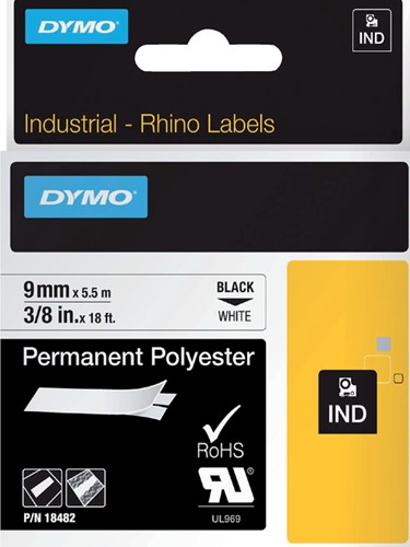 Ruban Dymo Rhino Industriel polyester 9mmx5,5m noir sur blanc